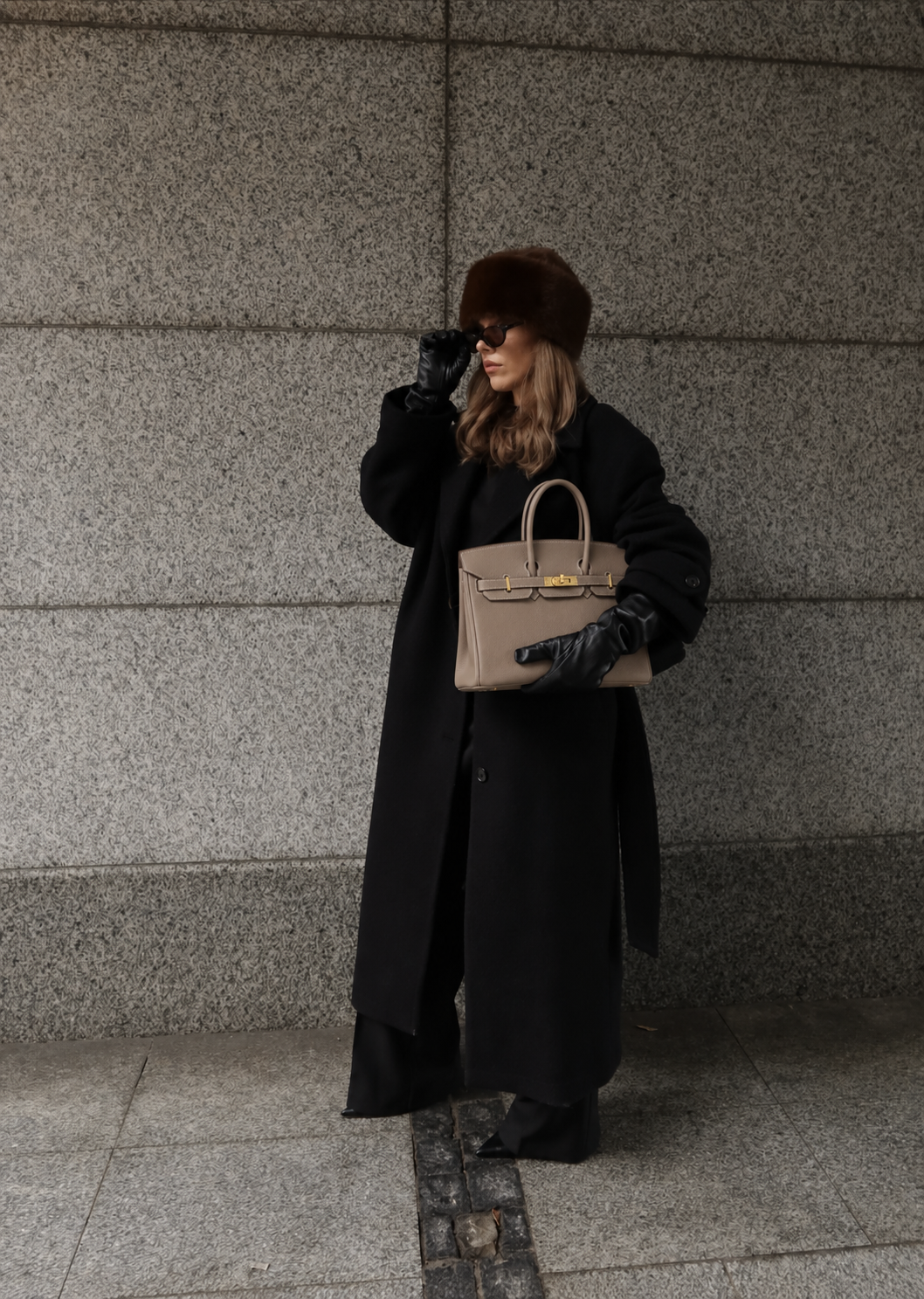 Sloane Pebbled Calfskin Top-Handle Bag in Taupe