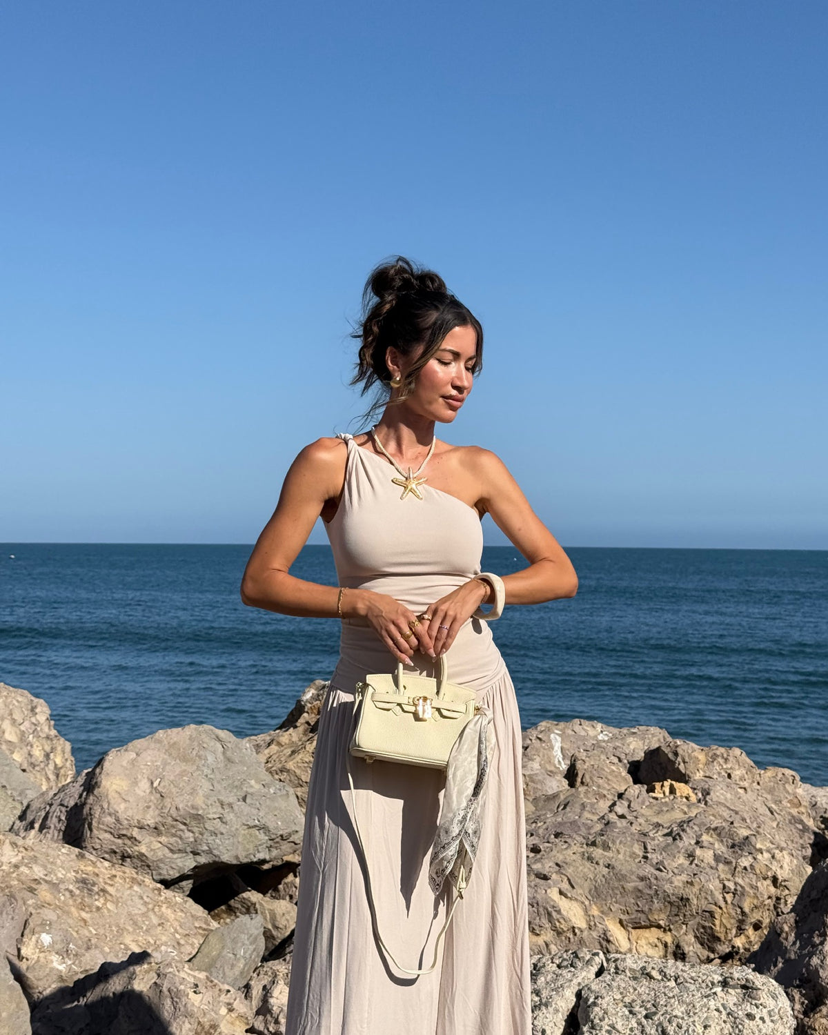 Sloane Pebbled Calfskin Top-Handle Bag in Ivory
