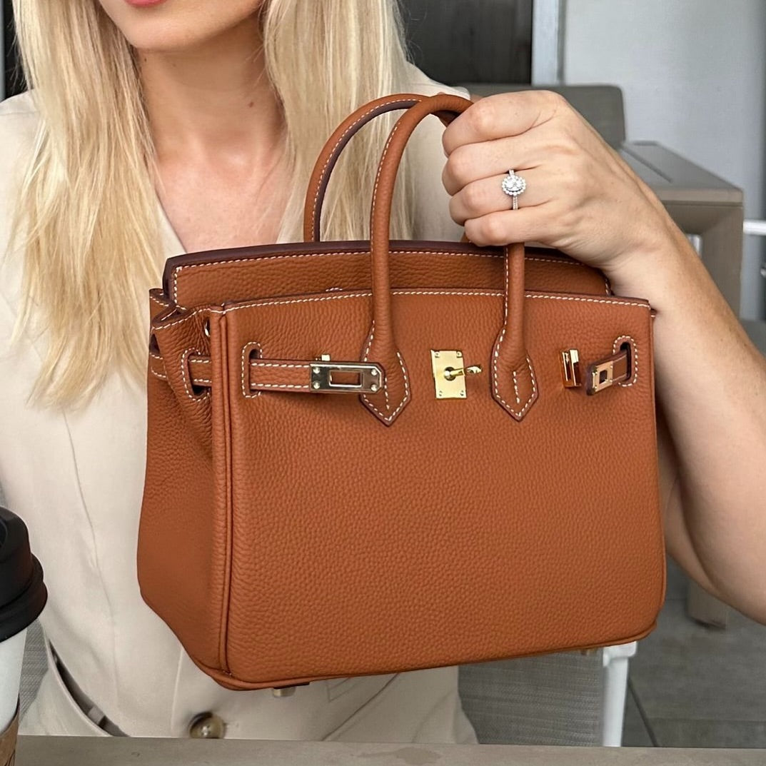 Sloane Pebbled Calfskin Top-Handle Bag in Caramel