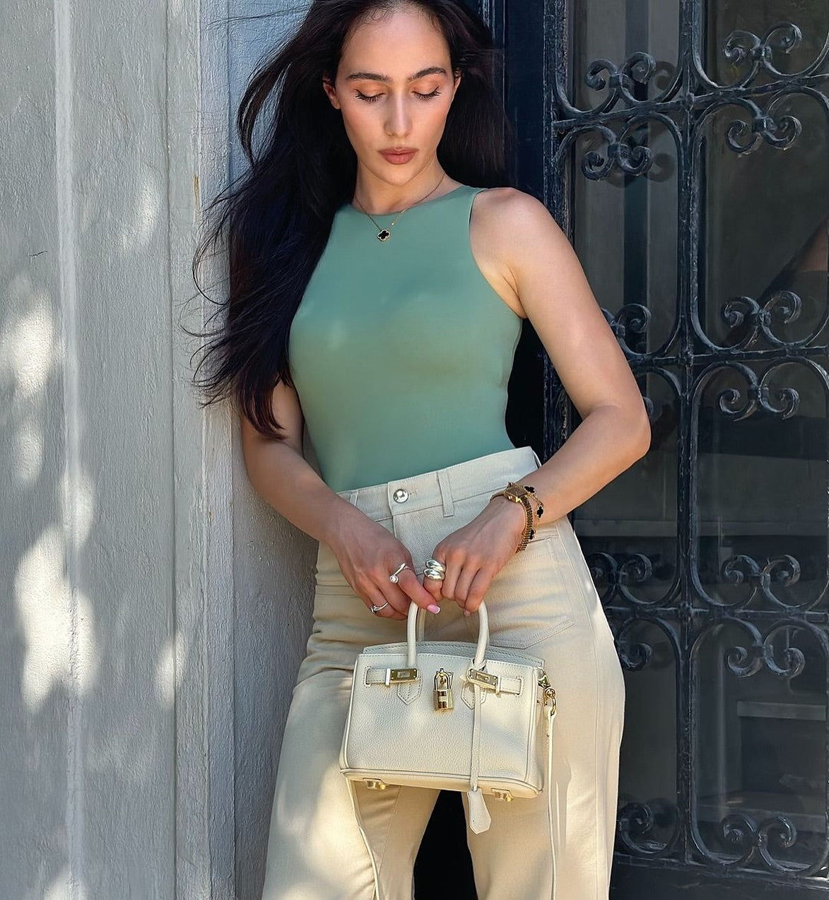 Sloane Pebbled Calfskin Top-Handle Bag in Ivory